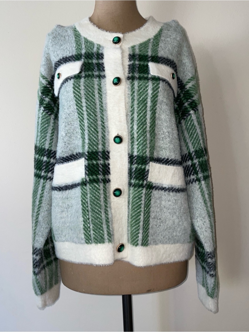 Cozy Plaid Cardigan Sweater in Green and White -buttons up